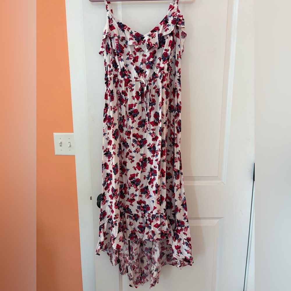 Torrid High Low Dress with Red and Black Floral Design